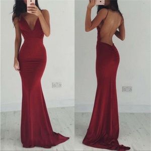 Burgundy Deep V Backless Mermaid Evening Dress